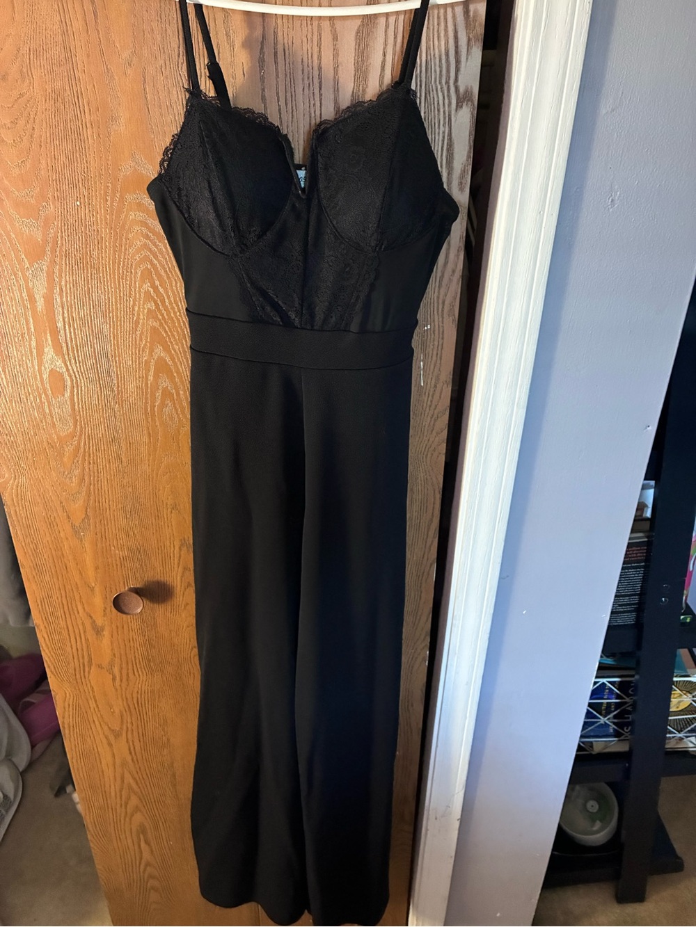 Almost Famous Black Lace Bustier Wide Leg Jumpsuit Size M